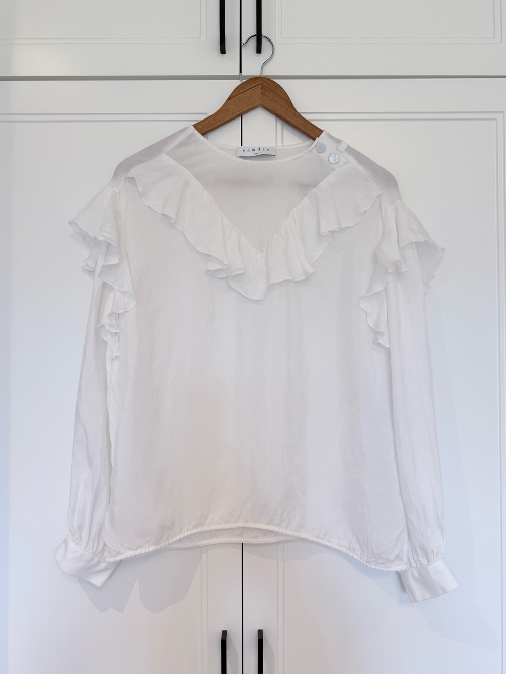 Sandro Paris White Ruffle Long Sleeve Blouse